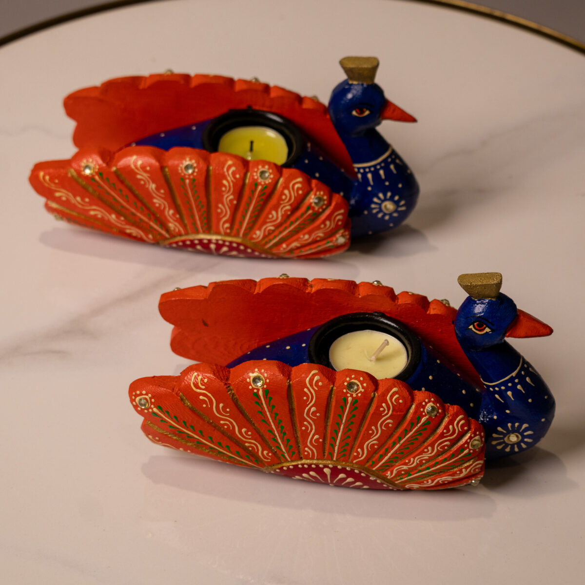 wooden Peacock t light blue (8)