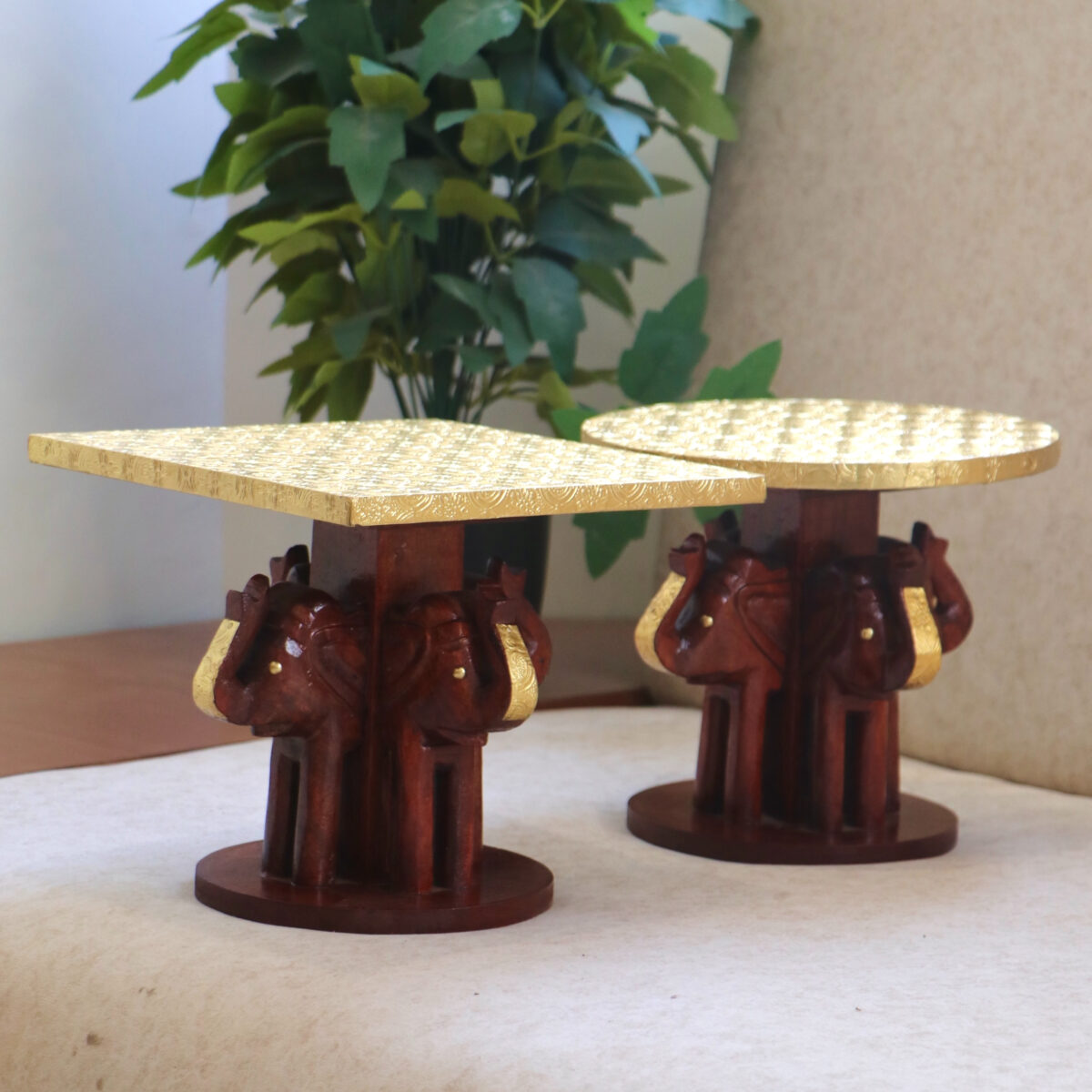 wooden brass elephant stool round & square (1)